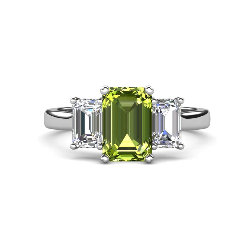 Aletta 9x7 mm Emerald Cut Peridot and Lab Grown Diamond Three Stone Engagement Ring 
