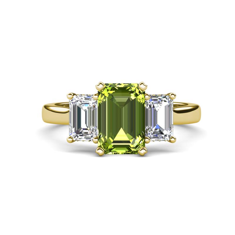 Aletta 9x7 mm Emerald Cut Peridot and Lab Grown Diamond Three Stone Engagement Ring 