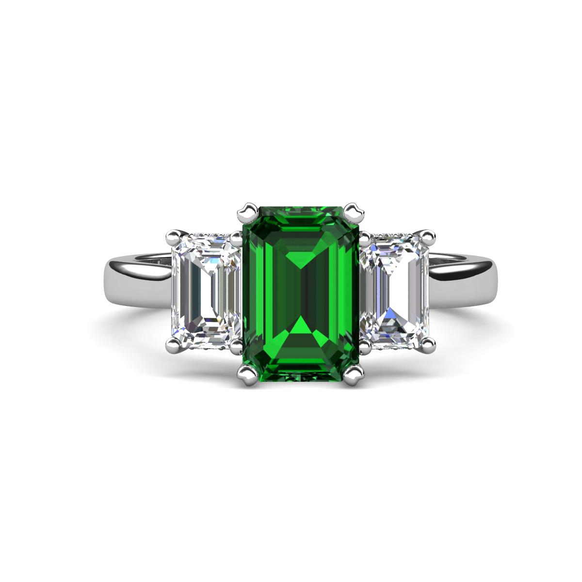 Aletta 9x7 mm Emerald Cut Lab Created Emerald and Lab Grown Diamond Three Stone Engagement Ring 