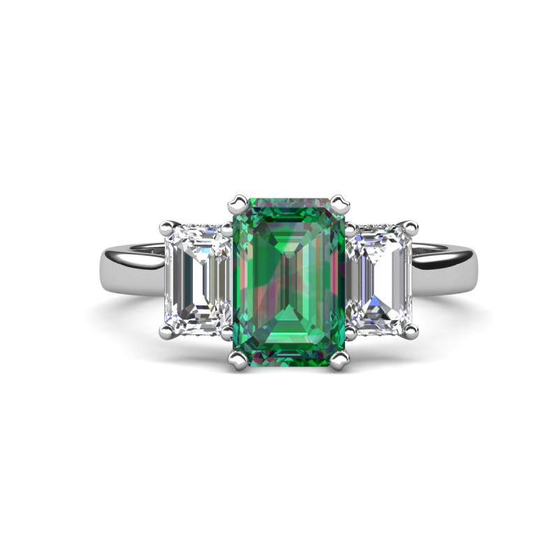 Aletta 9x7 mm Emerald Cut Lab Created Alexandrite and Lab Grown Diamond Three Stone Engagement Ring 
