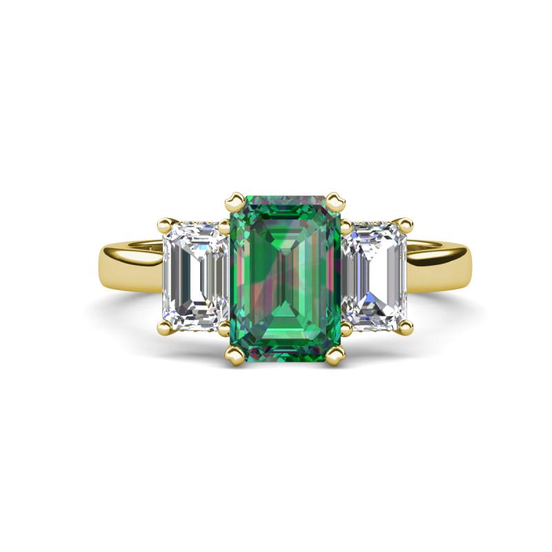Aletta 9x7 mm Emerald Cut Lab Created Alexandrite and Lab Grown Diamond Three Stone Engagement Ring 