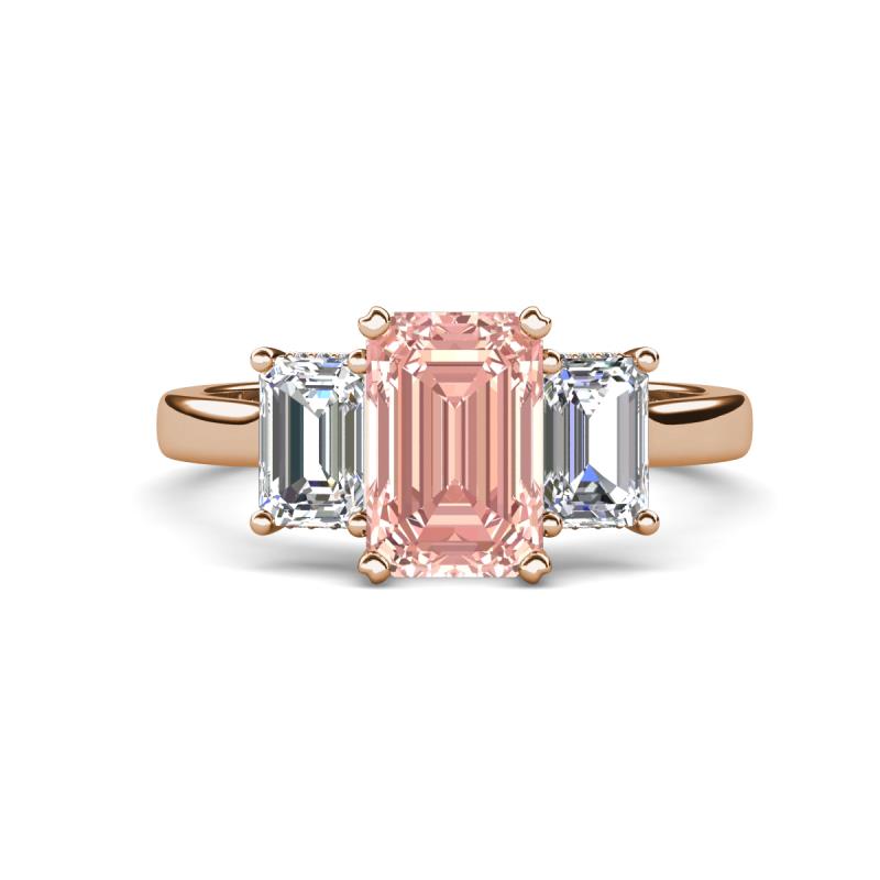 Aletta 9x7 mm Emerald Cut Morganite and Lab Grown Diamond Three Stone Engagement Ring 