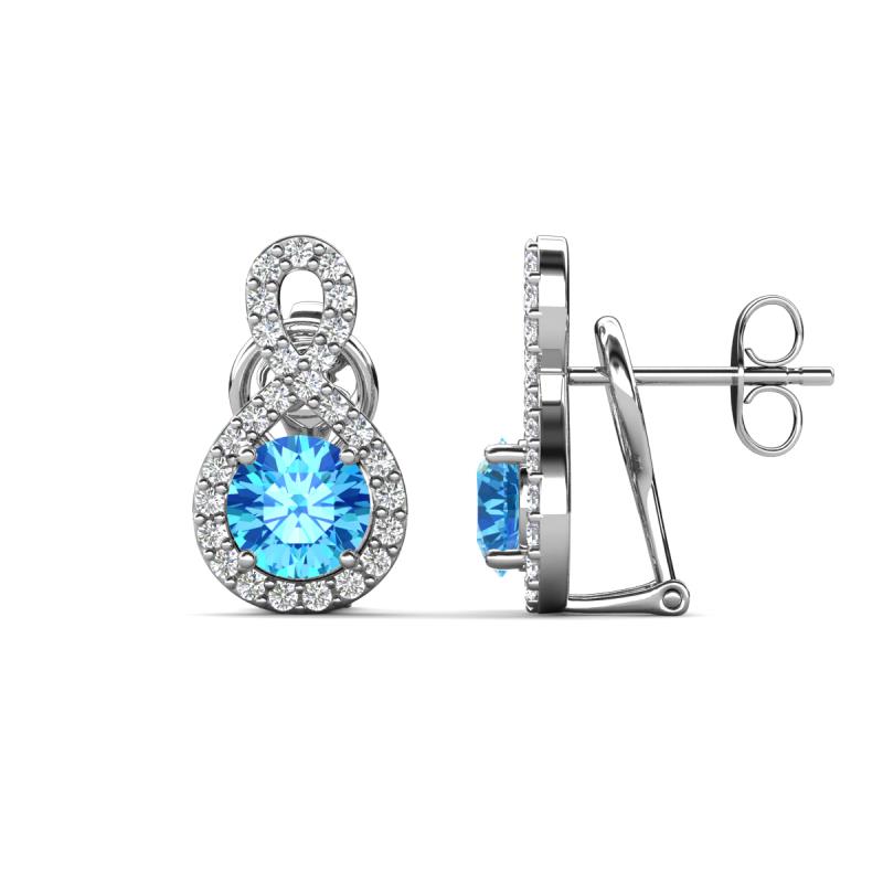 Jovita 2.30 ctw (6.00 mm) Blue Topaz and Natural Round Diamond Halo Dangle Stud Earrings 
