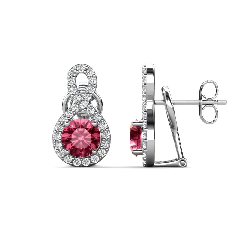 Jovita 1.98 ctw (6.00 mm) Pink Tourmaline and Natural Round Diamond Halo Dangle Stud Earrings 