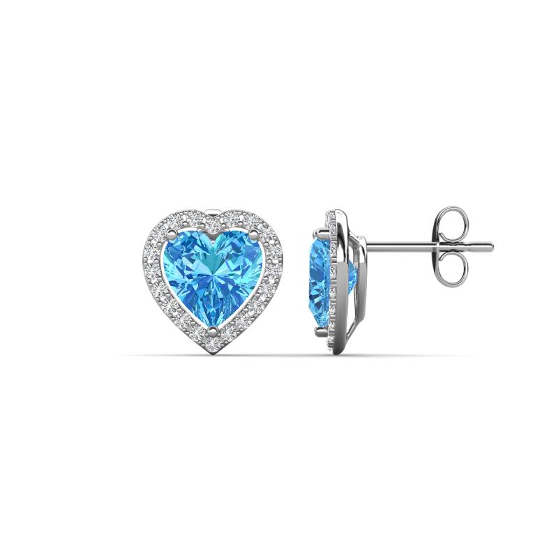 Ember 3.44 ctw (7.00 mm) Heart Shape Blue Topaz and Round Natural Diamond Halo Stud Earrings 