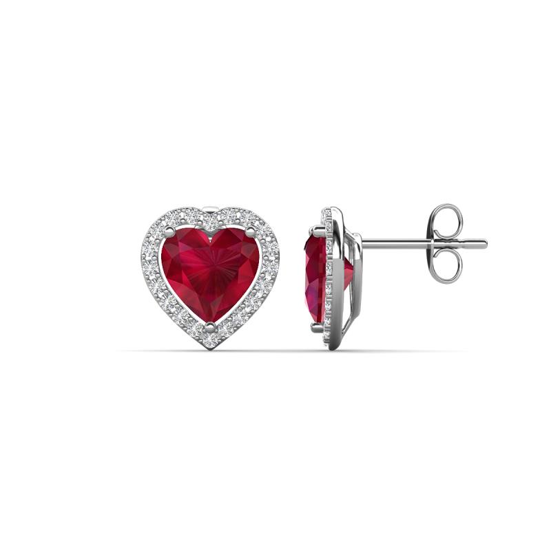 Ember 3.14 ctw (7.00 mm) Heart Shape Lab Created Ruby and Round Natural Diamond Halo Stud Earrings 