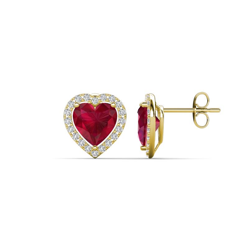 Ember 3.14 ctw (7.00 mm) Heart Shape Created Ruby and Round Natural Diamond Halo Stud Earrings 