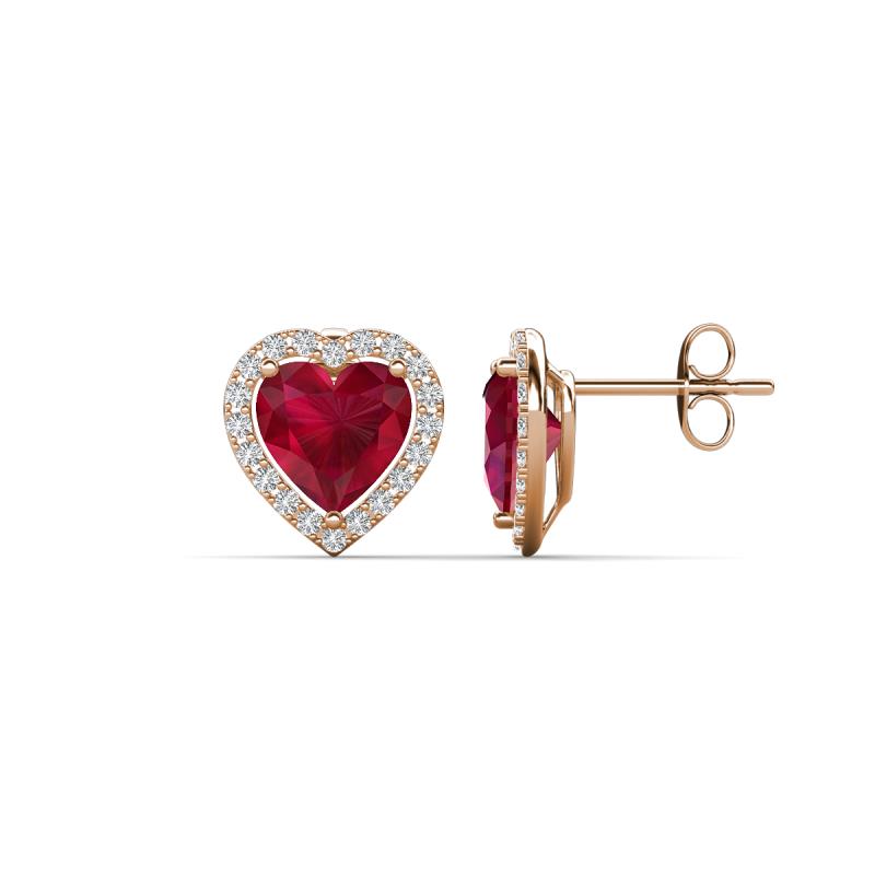 Ember 3.14 ctw (7.00 mm) Heart Shape Created Ruby and Round Natural Diamond Halo Stud Earrings 