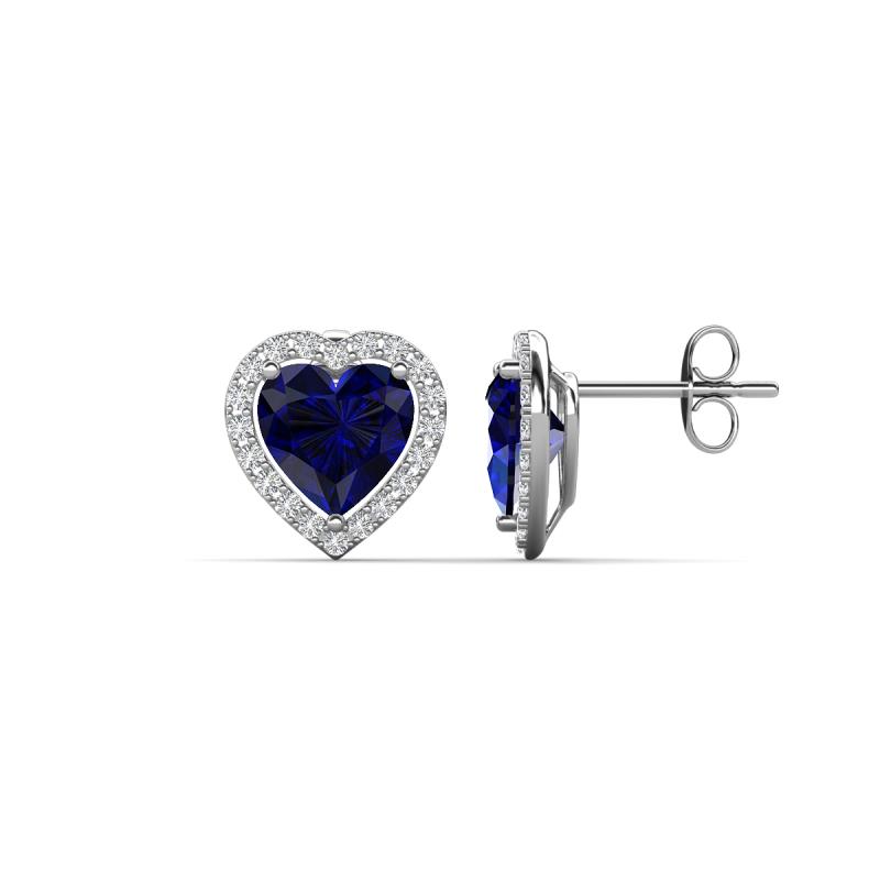 Ember 3.14 ctw (7.00 mm) Heart Shape Created Blue Sapphire and Round Natural Diamond Halo Stud Earrings 