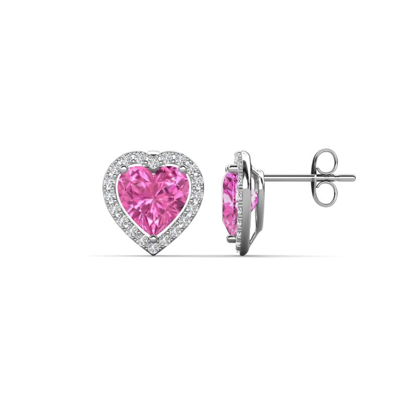Ember 3.24 ctw (7.00 mm) Heart Shape Created Pink Sapphire and Round Natural Diamond Halo Stud Earrings 