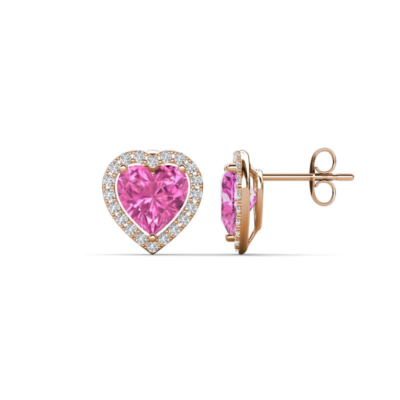 Ember 3.24 ctw (7.00 mm) Heart Shape Created Pink Sapphire and Round Natural Diamond Halo Stud Earrings 