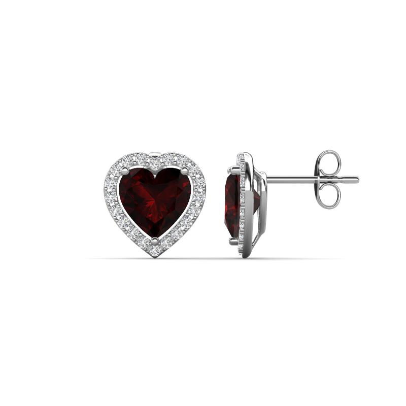 Ember 3.24 ctw (7.00 mm) Heart Shape Red Garnet and Round Natural Diamond Halo Stud Earrings 