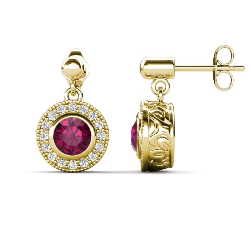 Gila 1.69 ctw (5.50 mm) Round Rhodolite Garnet and Natural Diamond Halo Drop and Dangle Earrings 