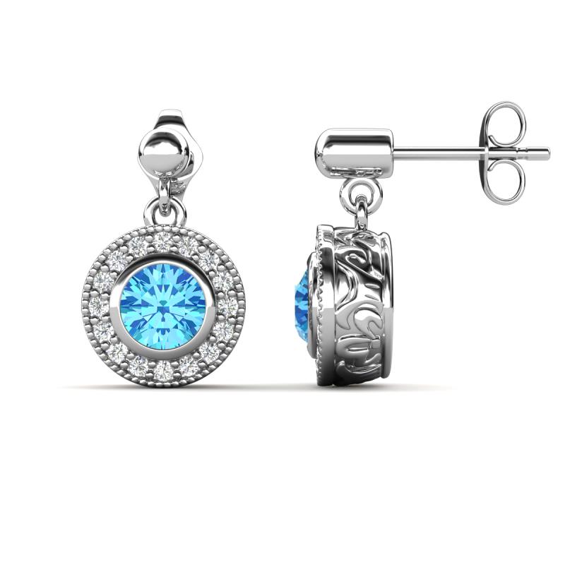 Gila 1.58 ctw (5.50 mm) Round Blue Topaz and Natural Diamond Halo Drop and Dangle Earrings 