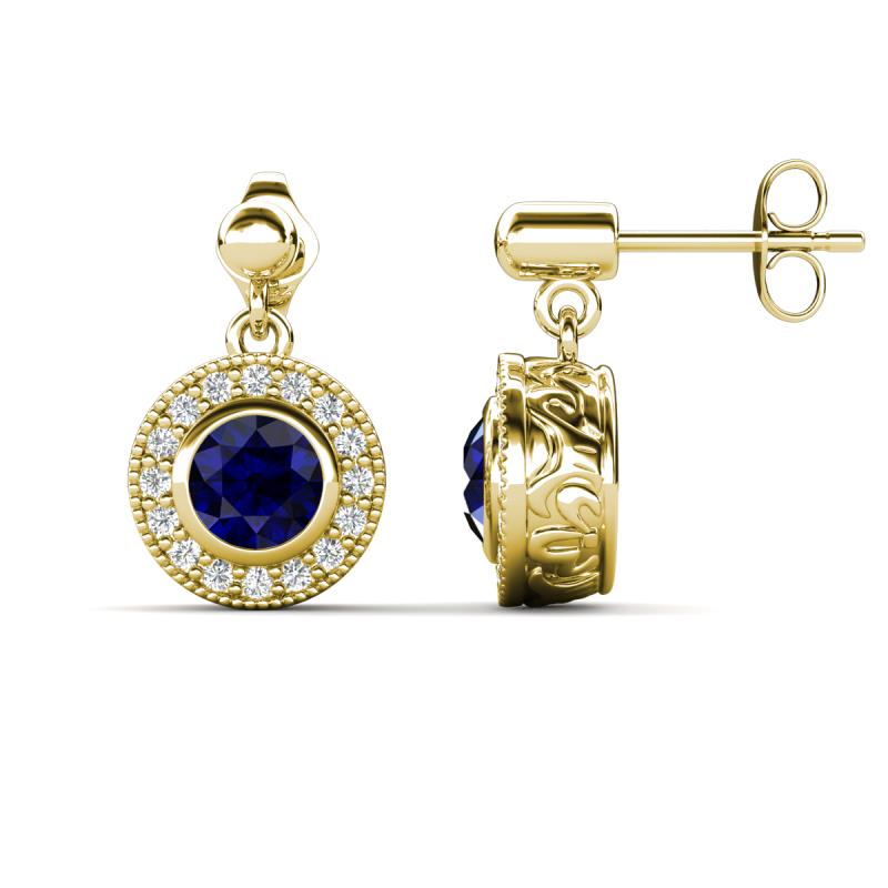 Gila 1.66 ctw (5.50 mm) Round Lab Created Blue Sapphire and Natural Diamond Halo Drop and Dangle Earrings 