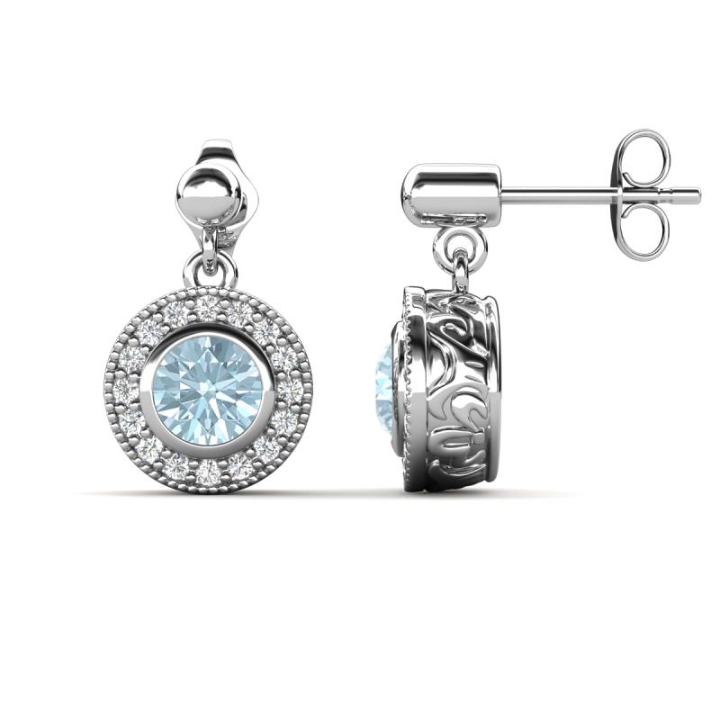 Gila 1.56 ctw (5.50 mm) Round Aquamarine and Natural Diamond Halo Drop and Dangle Earrings 