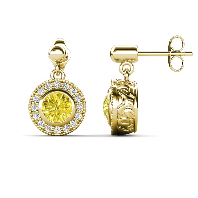 Gila 1.58 ctw (5.50 mm) Round Yellow Diamond and Natural Diamond Halo Drop and Dangle Earrings 