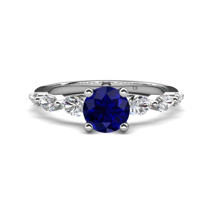 Nylah 1.87 ctw (6.00 mm) Round Blue Sapphire and Graduated Pear Shape Natural Diamond Engagement Ring 