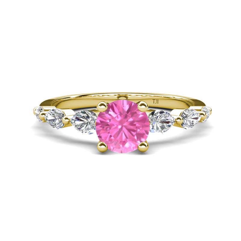 Nylah 1.67 ctw (6.50 mm) Round Pink Sapphire and Graduated Pear Shape Natural Diamond Engagement Ring 