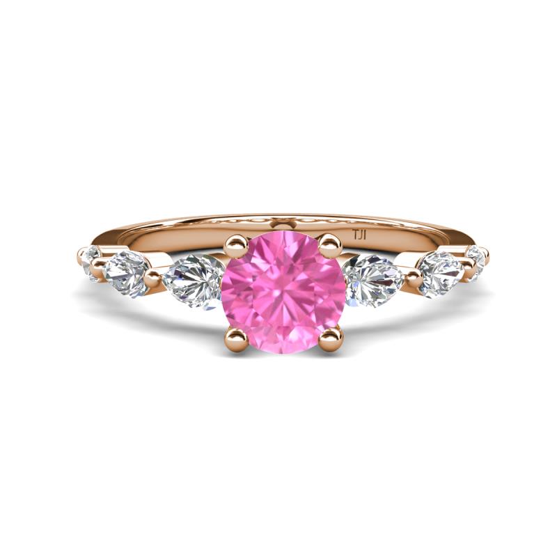 Nylah 1.67 ctw (6.50 mm) Round Pink Sapphire and Graduated Pear Shape Natural Diamond Engagement Ring 