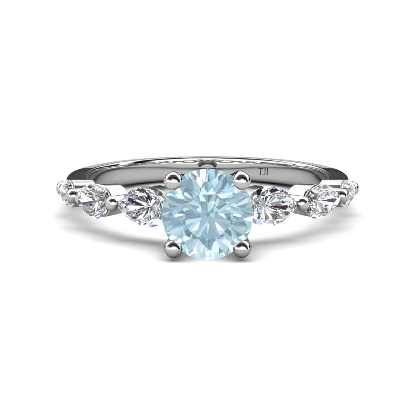 Nylah 1.59 ctw (6.50 mm) Round Aquamarine and Graduated Pear Shape Natural Diamond Engagement Ring 
