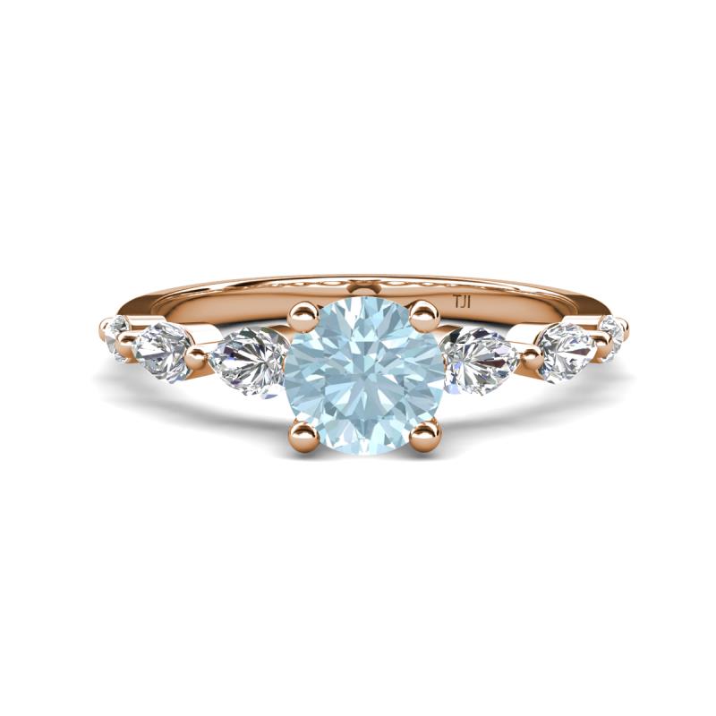 Nylah 1.59 ctw (6.50 mm) Round Aquamarine and Graduated Pear Shape Natural Diamond Engagement Ring 