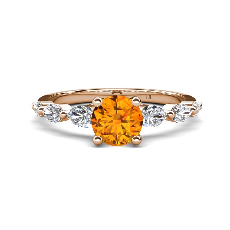 Nylah 1.59 ctw (6.50 mm) Round Citrine and Graduated Pear Shape Natural Diamond Engagement Ring 