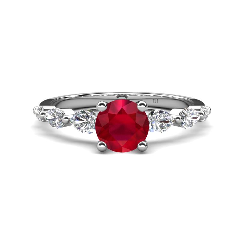 Nylah 1.67 ctw (6.00 mm) Round Ruby and Graduated Pear Shape Natural Diamond Engagement Ring 