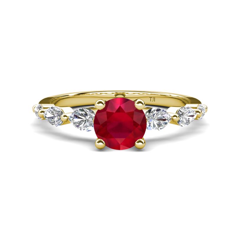 Nylah 1.67 ctw (6.00 mm) Round Ruby and Graduated Pear Shape Natural Diamond Engagement Ring 