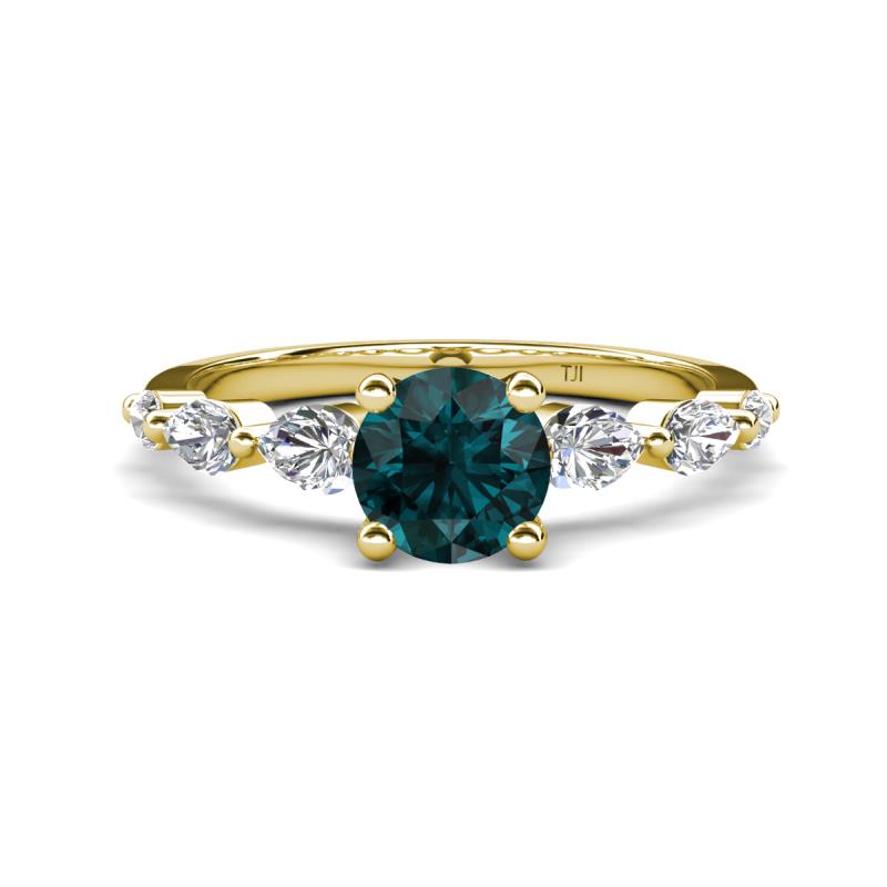 Nylah 1.67 ctw (6.50 mm) Round London Blue Topaz and Graduated Pear Shape Natural Diamond Engagement Ring 