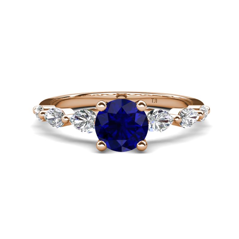Nylah 1.87 ctw (6.00 mm) Round Blue Sapphire and Graduated Pear Shape Natural Diamond Engagement Ring 