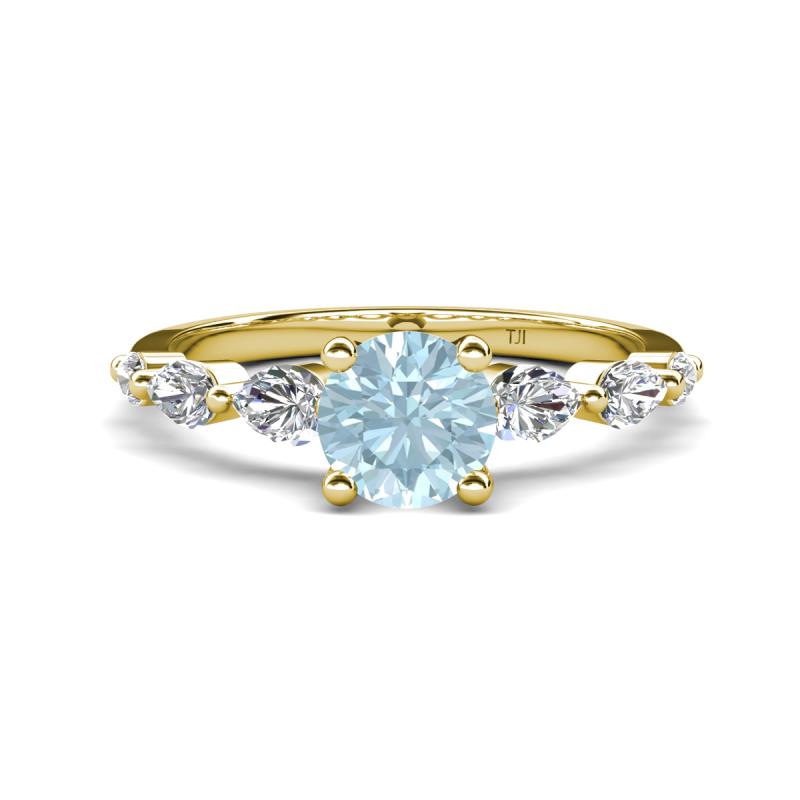 Nylah 1.59 ctw (6.50 mm) Round Aquamarine and Graduated Pear Shape Natural Diamond Engagement Ring 
