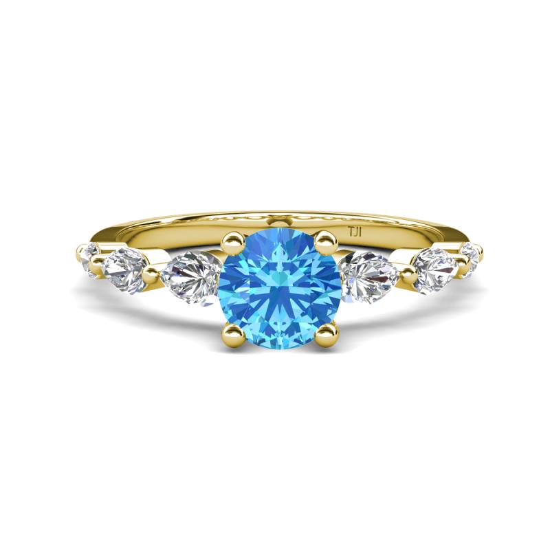 Nylah 1.67 ctw (6.50 mm) Round Blue Topaz and Graduated Pear Shape Natural Diamond Engagement Ring 