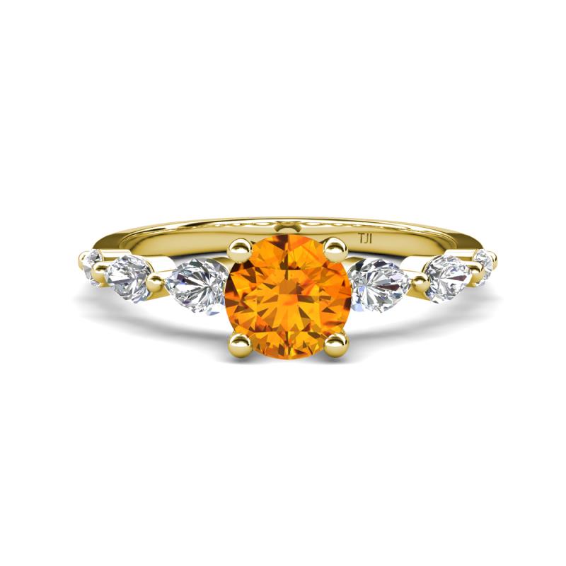 Nylah 1.59 ctw (6.50 mm) Round Citrine and Graduated Pear Shape Natural Diamond Engagement Ring 