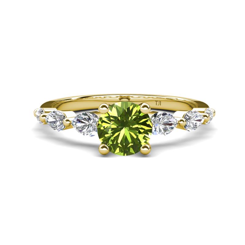 Nylah 1.82 ctw (6.50 mm) Round Peridot and Graduated Pear Shape Natural Diamond Engagement Ring 