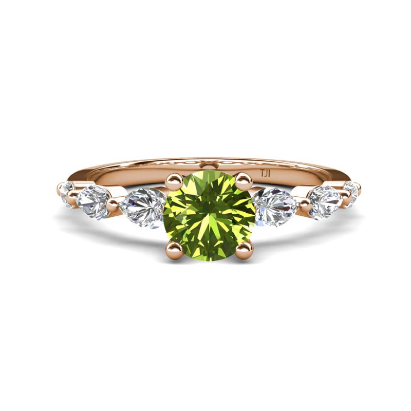 Nylah 1.82 ctw (6.50 mm) Round Peridot and Graduated Pear Shape Natural Diamond Engagement Ring 