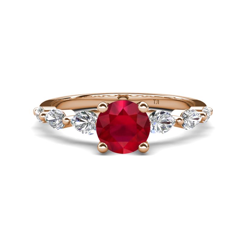 Nylah 1.67 ctw (6.00 mm) Round Ruby and Graduated Pear Shape Natural Diamond Engagement Ring 