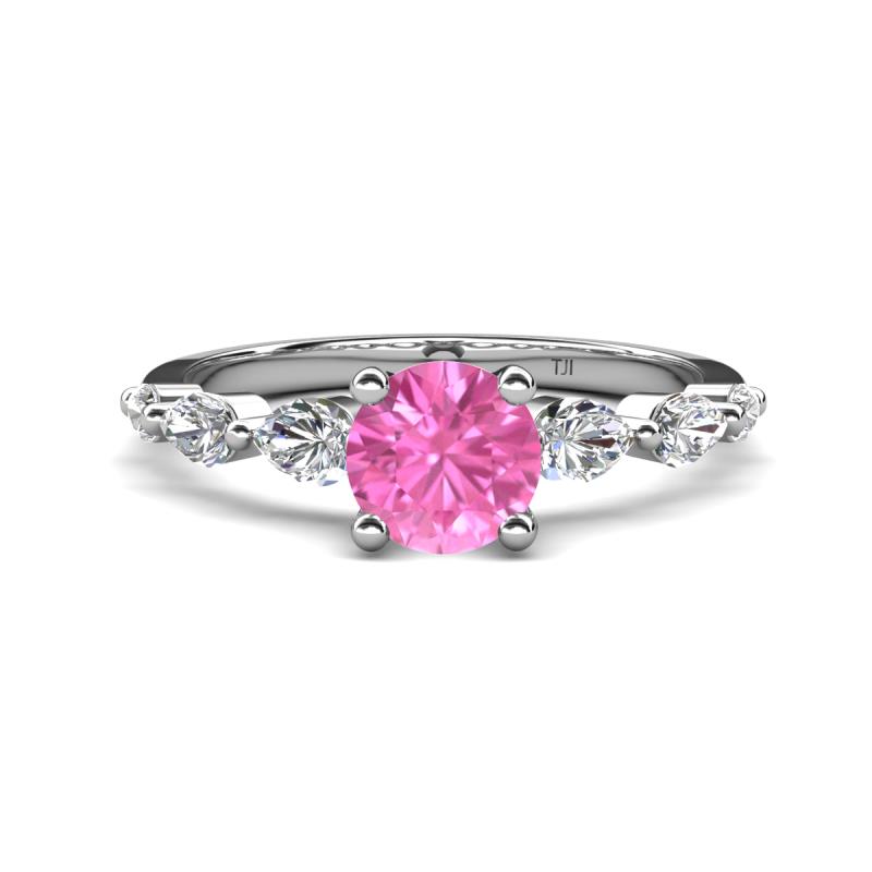Nylah 1.67 ctw (6.50 mm) Round Pink Sapphire and Graduated Pear Shape Natural Diamond Engagement Ring 