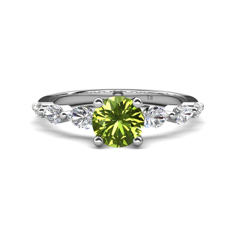 Nylah 1.82 ctw (6.50 mm) Round Peridot and Graduated Pear Shape Natural Diamond Engagement Ring 
