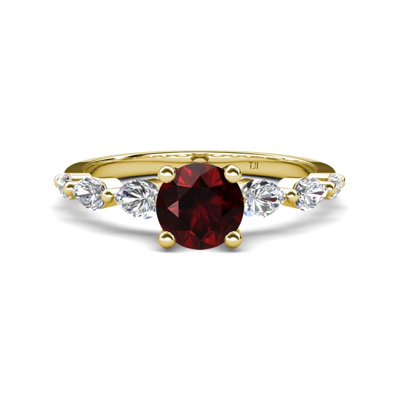 Nylah 1.77 ctw (6.50 mm) Round Red Garnet and Graduated Pear Shape Natural Diamond Engagement Ring 