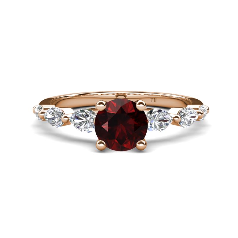 Nylah 1.77 ctw (6.50 mm) Round Red Garnet and Graduated Pear Shape Natural Diamond Engagement Ring 