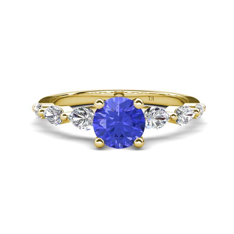 Nylah 1.64 ctw (6.50 mm) Round Tanzanite and Graduated Pear Shape Natural Diamond Engagement Ring 