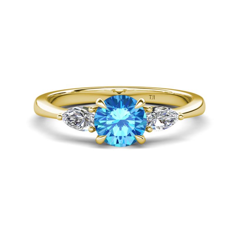 Zelia 1.35 ctw (6.50 mm) Round Blue Topaz and Pear Shape Natural Diamond Three Stone Engagement Ring 