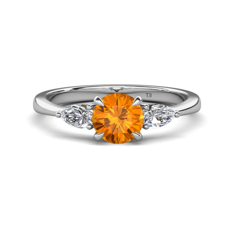Zelia 1.27 ctw (6.50 mm) Round Citrine and Pear Shape Natural Diamond Three Stone Engagement Ring 