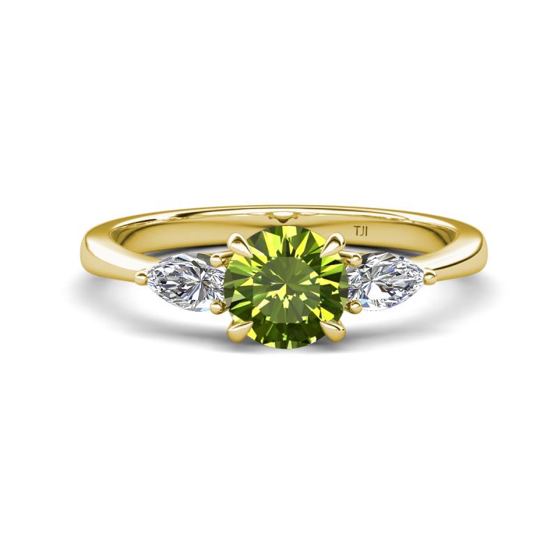 Zelia 1.50 ctw (6.50 mm) Round Peridot and Pear Shape Natural Diamond Three Stone Engagement Ring 