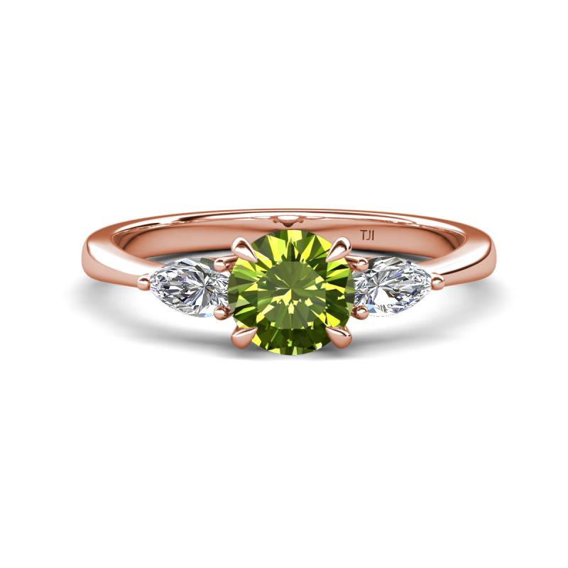 Zelia 1.50 ctw (6.50 mm) Round Peridot and Pear Shape Natural Diamond Three Stone Engagement Ring 