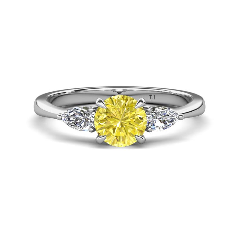 Zelia 1.20 ctw (6.00 mm) Round Yellow Diamond and Pear Shape Natural Diamond Three Stone Engagement Ring 