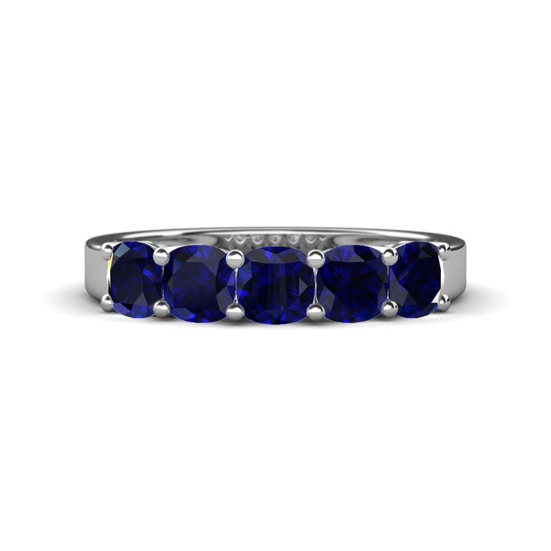 Wendy 2.20 ctw (4.00 mm) Cushion Shape Created Blue Sapphire Side Gallery 5 Stone Wedding Band 