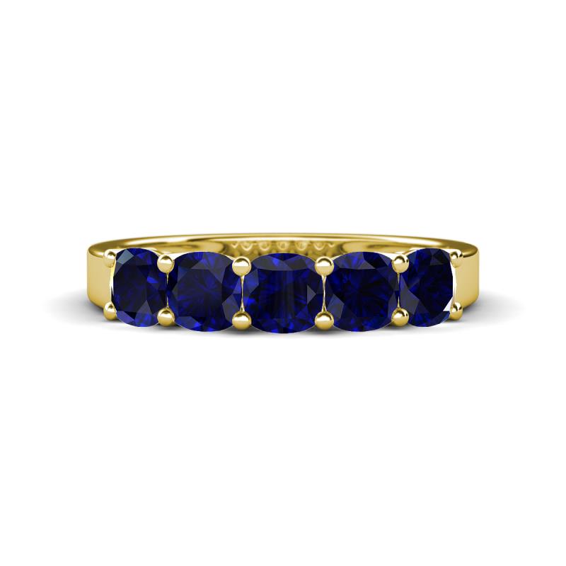 Wendy 2.20 ctw (4.00 mm) Cushion Shape Created Blue Sapphire Side Gallery 5 Stone Wedding Band 