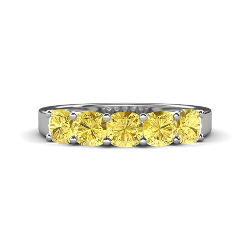 Wendy 1.70 ctw (4.00 mm) Cushion Shape Created Yellow Sapphire Side Gallery 5 Stone Wedding Band 